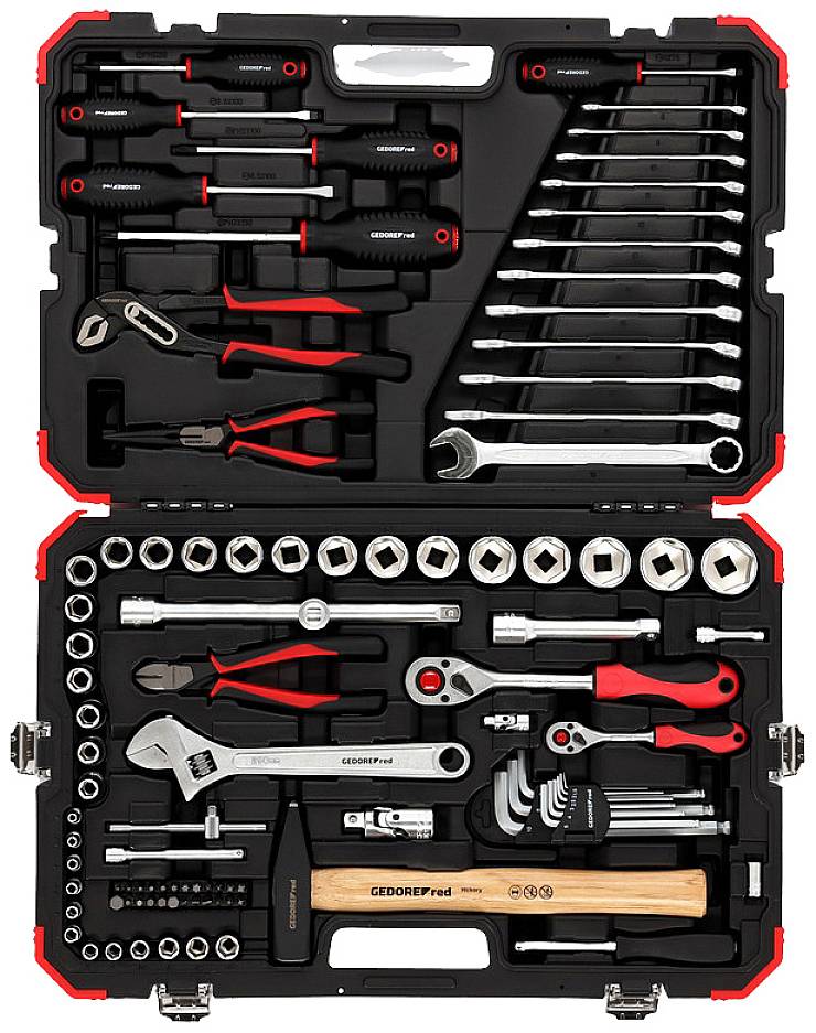 Werkzeugkoffer mit verschiedenen Handwerkzeugen, darunter Schraubendreher, Schraubenschlüssel, Ratschen, Zangen und ein Hammer.
