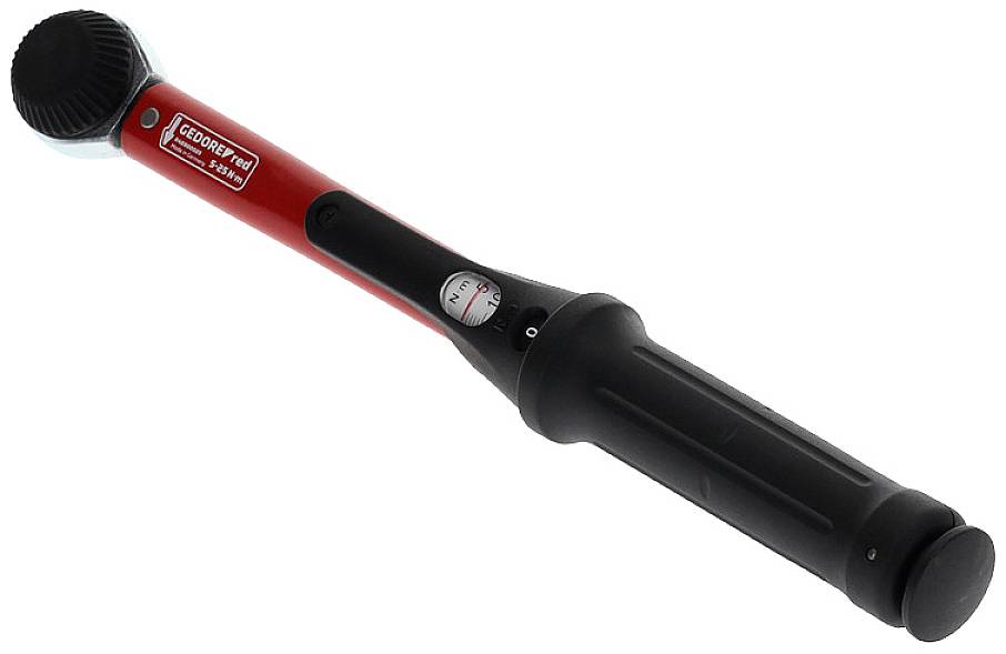 Ein rotes und schwarzes Handwerkzeug mit einem runden Aufsatz und einem Manometer auf dem Griff, geeignet für technische Anwendungen.