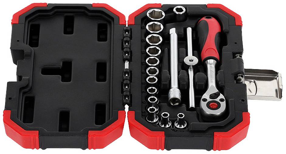 'Steckschlüssel-Satz in rotem Etui, enthält Ratsche, Verlängerungen und Stecknüsse in verschiedenen Größen, organisiert im Koffer.'