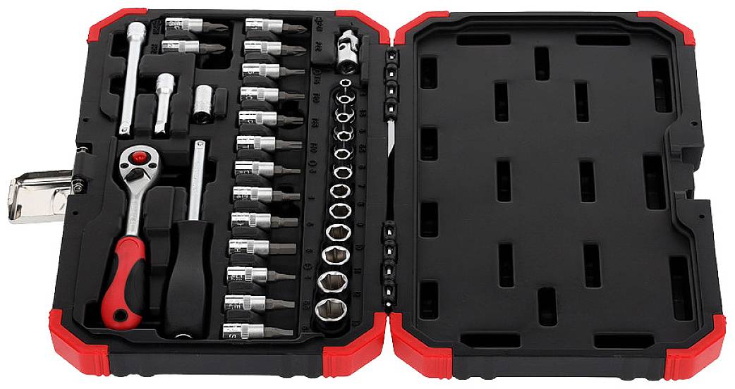 Geöffneter Werkzeugkoffer mit verschiedenen Steckschlüsseln und Schraubenziehern, rot-schwarzes Design, Aufbewahrung in geformtem Kunststoff.