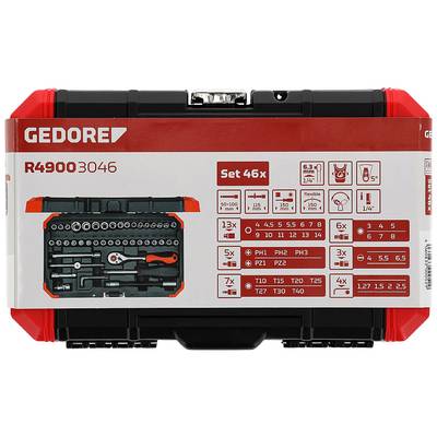 'GEDORE Werkzeugset R49003046, 46-teilig. Enthält verschiedene Schraubendreherbits, Steckschlüssel, Ratsche und Verlängerungen.'