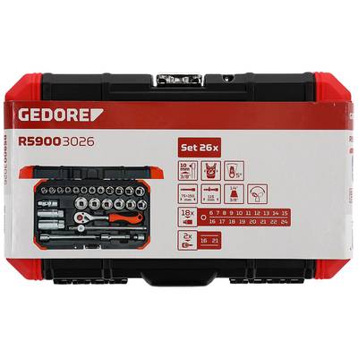Gedore Steckschlüsselsatz R59003026, 26-teilig, mit Stecknüssen, Ratschen und Zubehör in einem kompakten, robusten Koffer.