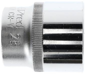Metallische Sechskant-Stecknuss, 28 mm, mit geriffeltem Rand und Prägung mit technischen Spezifikationen.