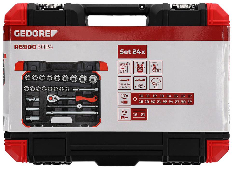 Werkzeugkoffer 'Gedore R69003024 Set 24x' mit Steckschlüsseleinsätzen und Ratsche. Übersicht zeigt Größen und Schlüssel.