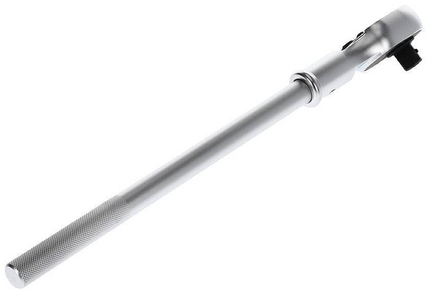 Ein silberner Drehmomentschlüssel mit einem langen, gerändelten Griff. Das Werkzeug wird zum präzisen Anziehen von Schrauben verwendet.