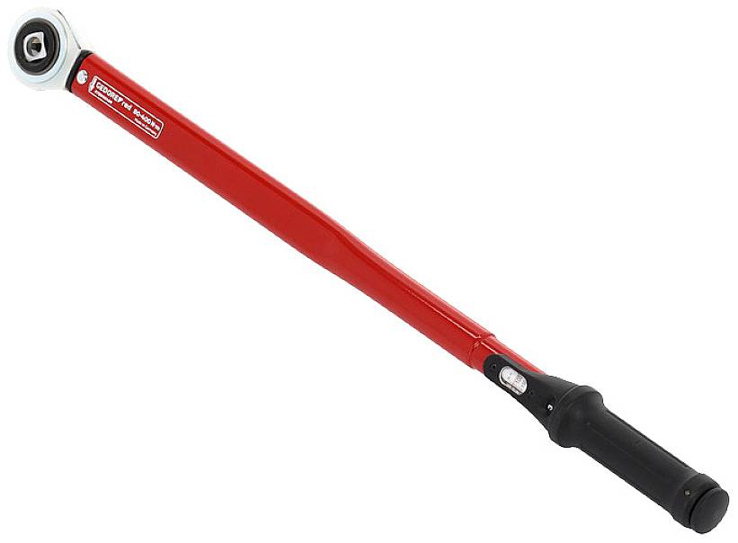 Roter Drehmomentschlüssel mit schwarzem Griff und Messskala zum genauen Anziehen von Schrauben.