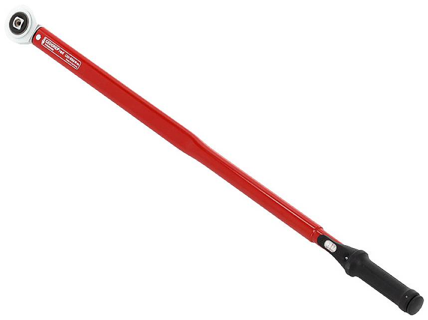 Roter Drehmomentschlüssel mit einem schwarzen Griff und einer Skala zum Anziehen von Schrauben mit einem bestimmten Drehmoment.