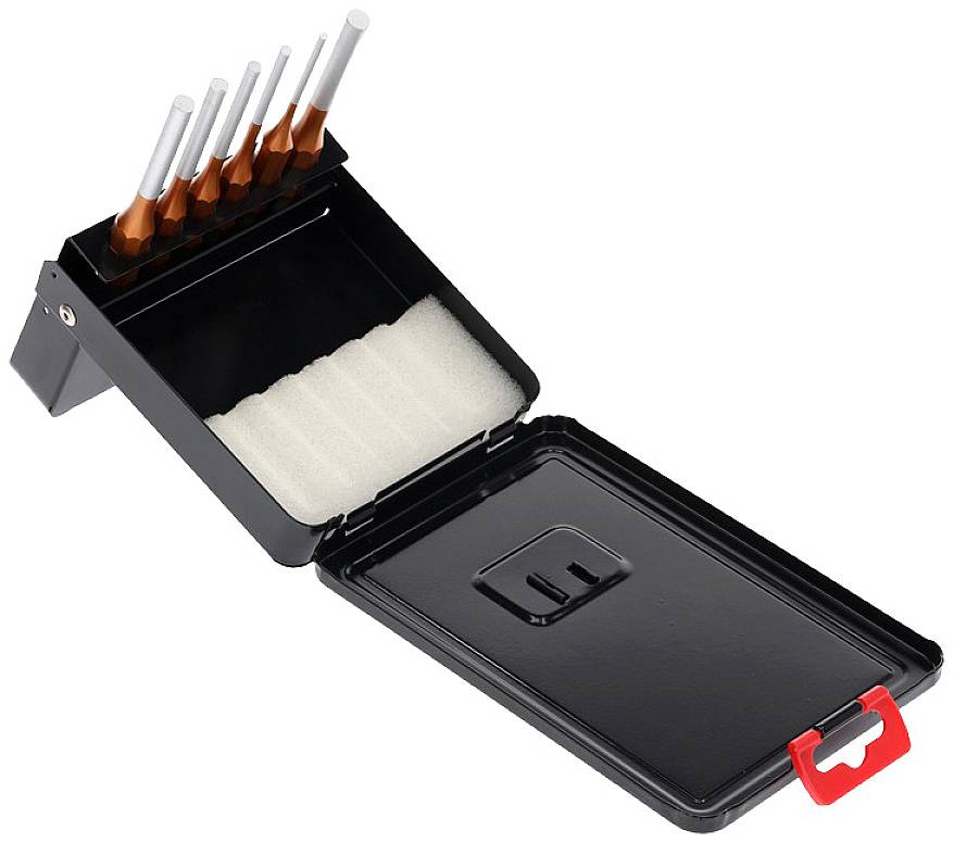 Bohrer-Set in schwarzer Box mit sechs Bohreraufsätzen, Schaumstoffhalterung und rotem Verschluss.