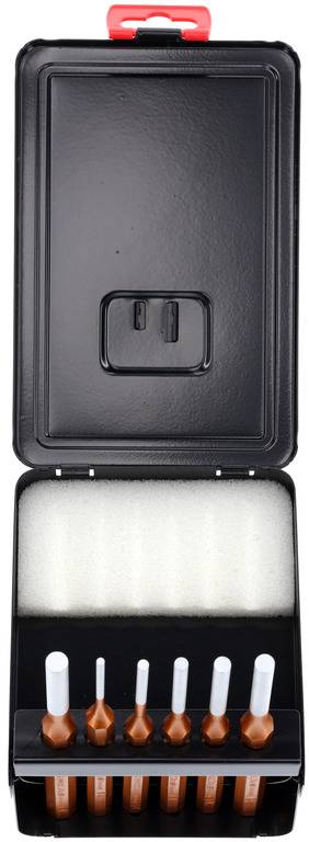 Ein offenes Etui mit sechs braunen, metallischen Stiften in verschiedenen Größen, die in einer Halterung angeordnet sind.