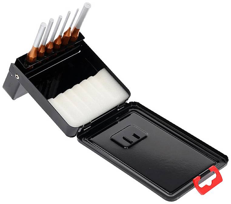 Ein offenes Etui mit fünf Stanzwerkzeugen mit ergonomischen Griffen und einem roten Verschluss. Werkzeuge sind geordnet platziert.