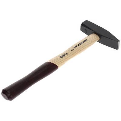 Ein Hammer mit Holzgriff und schwarzem Kopf, leicht schräg positioniert.