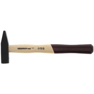 Ein Hammer mit Holzgriff und schwarzem Kopf, auf dem Griff steht 'GEDORE red'.