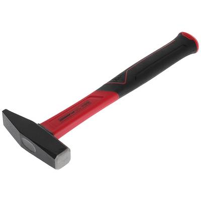 Roter und schwarzer Hammer mit flachem Kopf und ergonomischem Griff auf weißem Hintergrund.