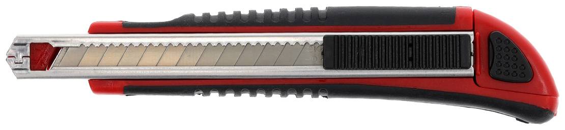 Schwarz-rotes Cutter-Messer mit silberner, segmentierter Klinge und ergonomischem Griff in Seitenansicht.