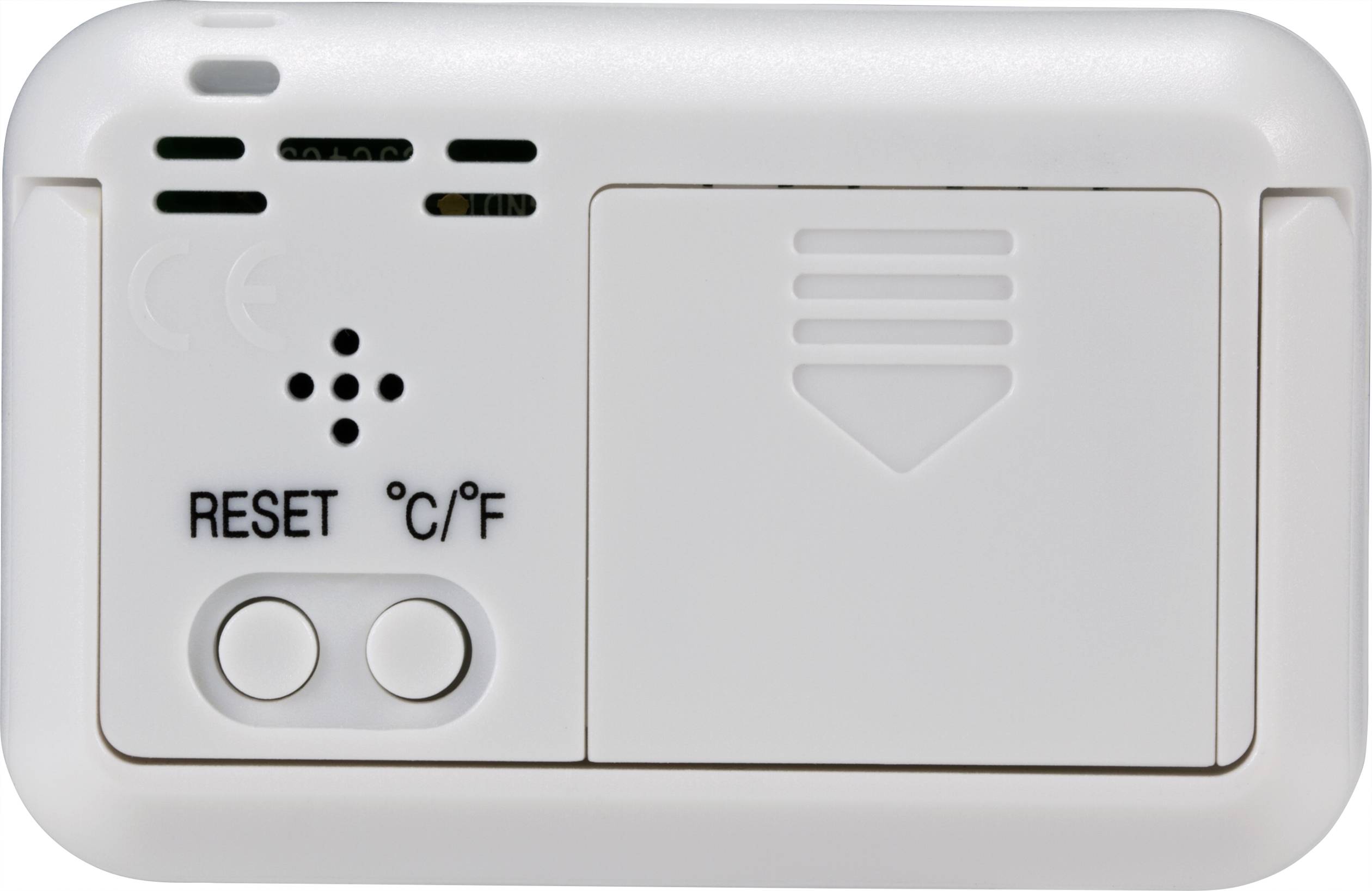 Ein weißes elektronisches Gerät mit Tasten 'RESET' und '°C/°F', sowie Lüftungsschlitzen. Möglicherweise ein Thermostat oder Sensor.