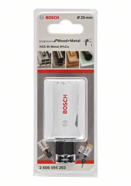 Eine 'Bosch' Lochsäge für Holz und Metall, Durchmesser 25 mm, HSS Bi-Metal 8% Co, in einer Verpackung, mit Bildern der Anwendung.