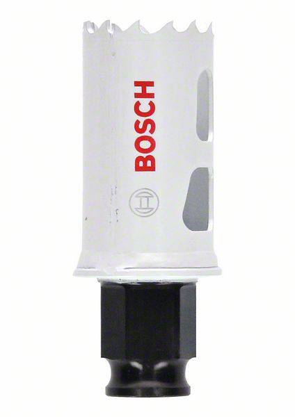 Bohrkrone der Marke Bosch, geeignet zum Schneiden von Löchern in Materialien wie Holz oder Metall, mit gezackter Kante.
