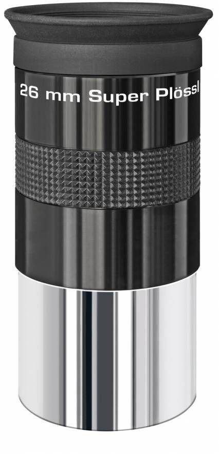 Ein 26 mm Super Plössl Teleskopokular mit schwarzem Gehäuse und silbernem Anschlussring, geeignet für Astronomiebeobachtungen.