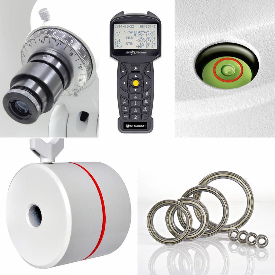 Mikroskop-Okkular, digitales Handbediengerät, Ring mit rotem Streifen, grün-roter Knopf, Metallringe: Laborinstrumente zur Messung und Kalibrierung.