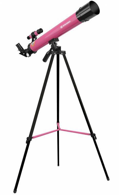 Rosa Teleskop auf einem schwarzen Stativ, ideal für Anfänger, geeignet zur Sternenbeobachtung.