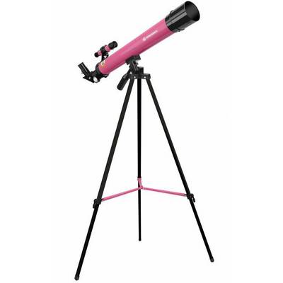 Rosa Teleskop auf einem schwarzen Stativ, ideal für Anfänger, geeignet zur Sternenbeobachtung.