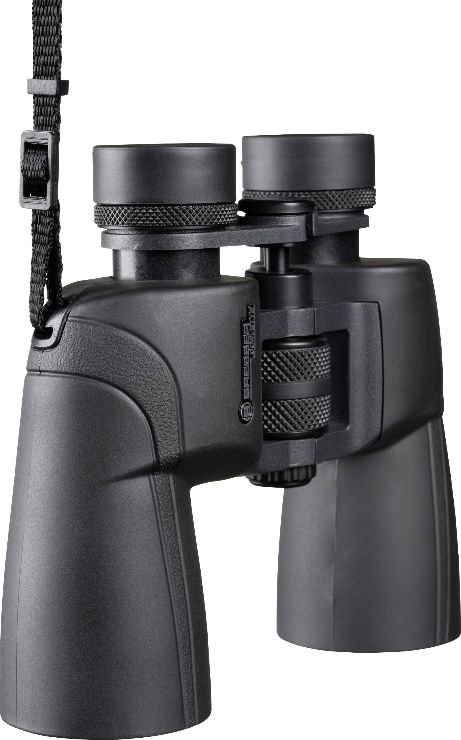 Ein schwarzes Fernglas mit Trageriemen, geeignet für Outdoor-Aktivitäten wie Vogelbeobachtung.