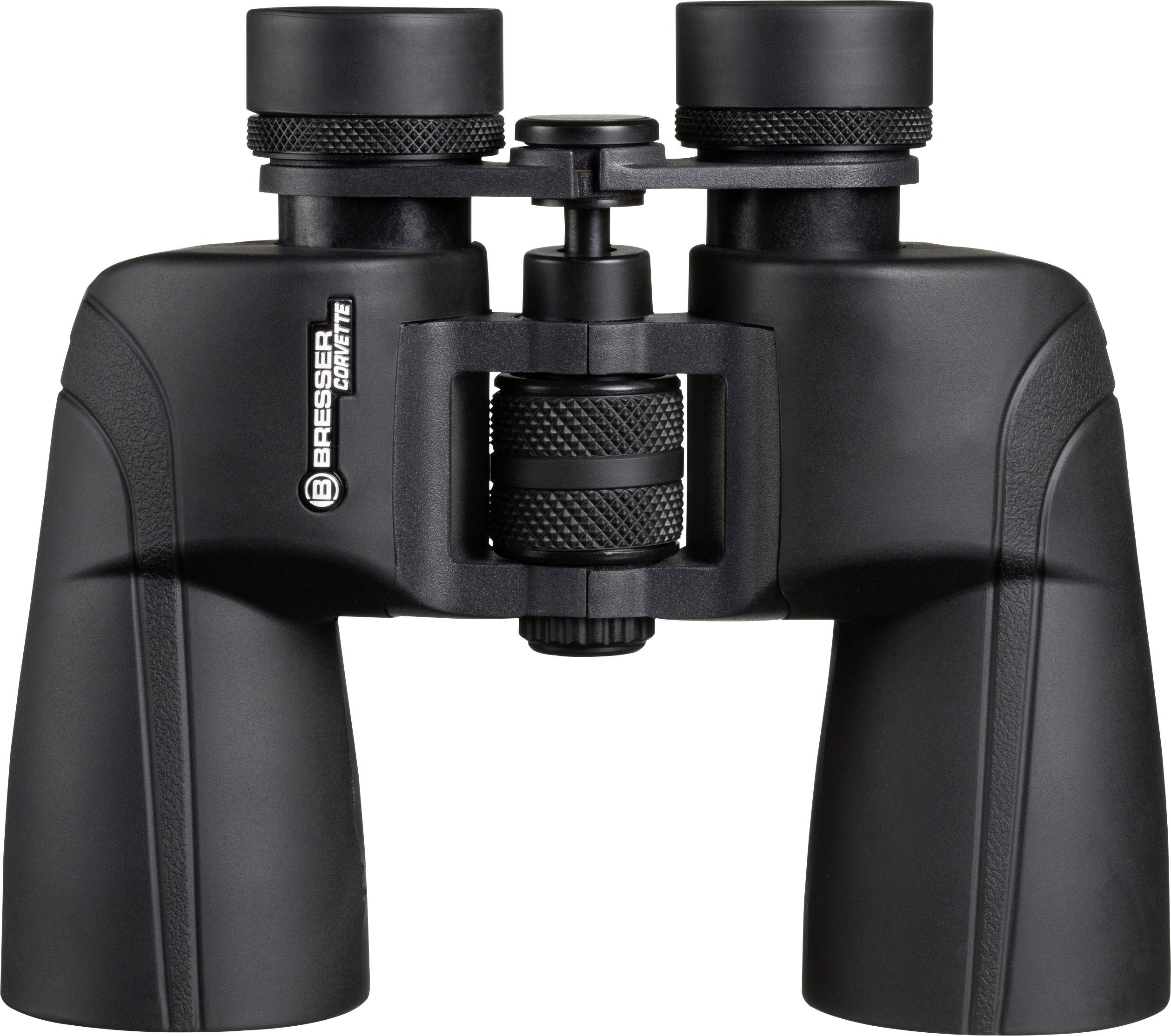 Ein schwarzes Fernglas mit dem Logo 'Bresser'. Es hat ein zentrales Fokussierrad und zwei Okulare, die mit Gummi ummantelt sind.