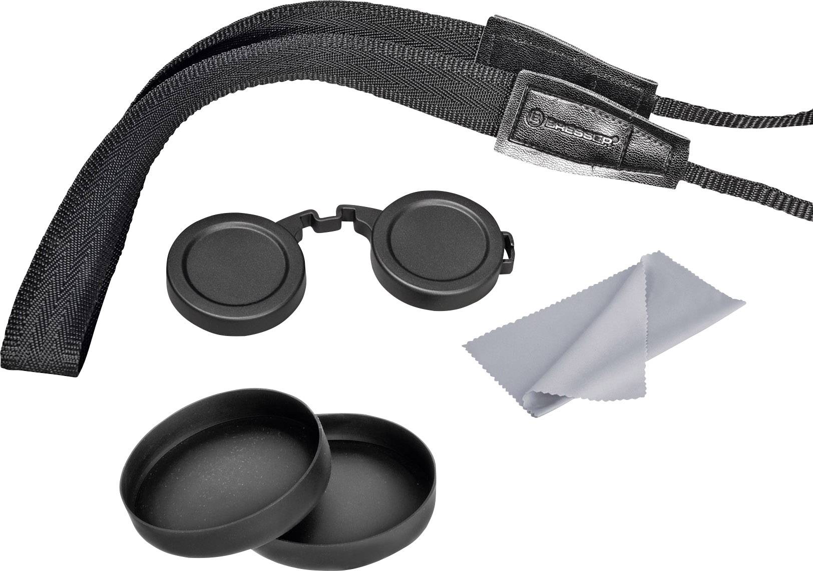 Brillenhalter-Set mit schwarzem Riemen, Brillenschalen, Schutzkappen und grauem Reinigungstuch auf weißem Hintergrund.