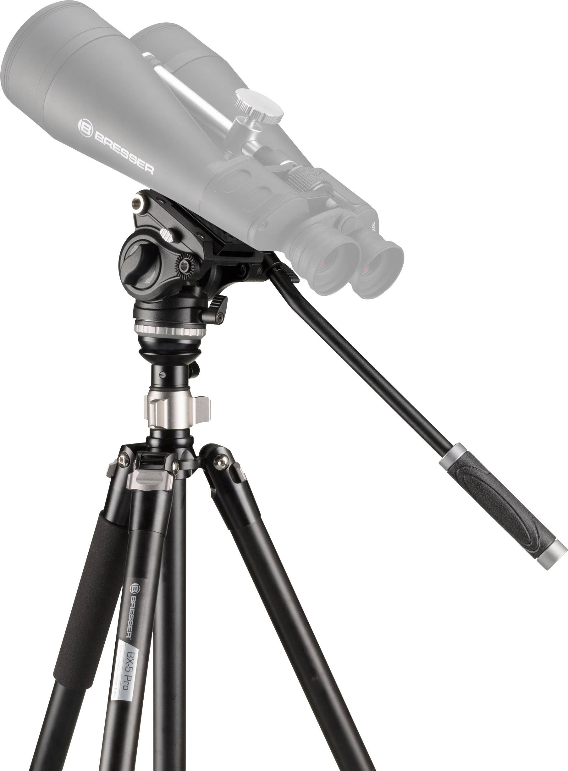 Ein schwarzes Stativ mit einem montierten Fernglas, geeignet für astronomische oder landschaftliche Beobachtungen.