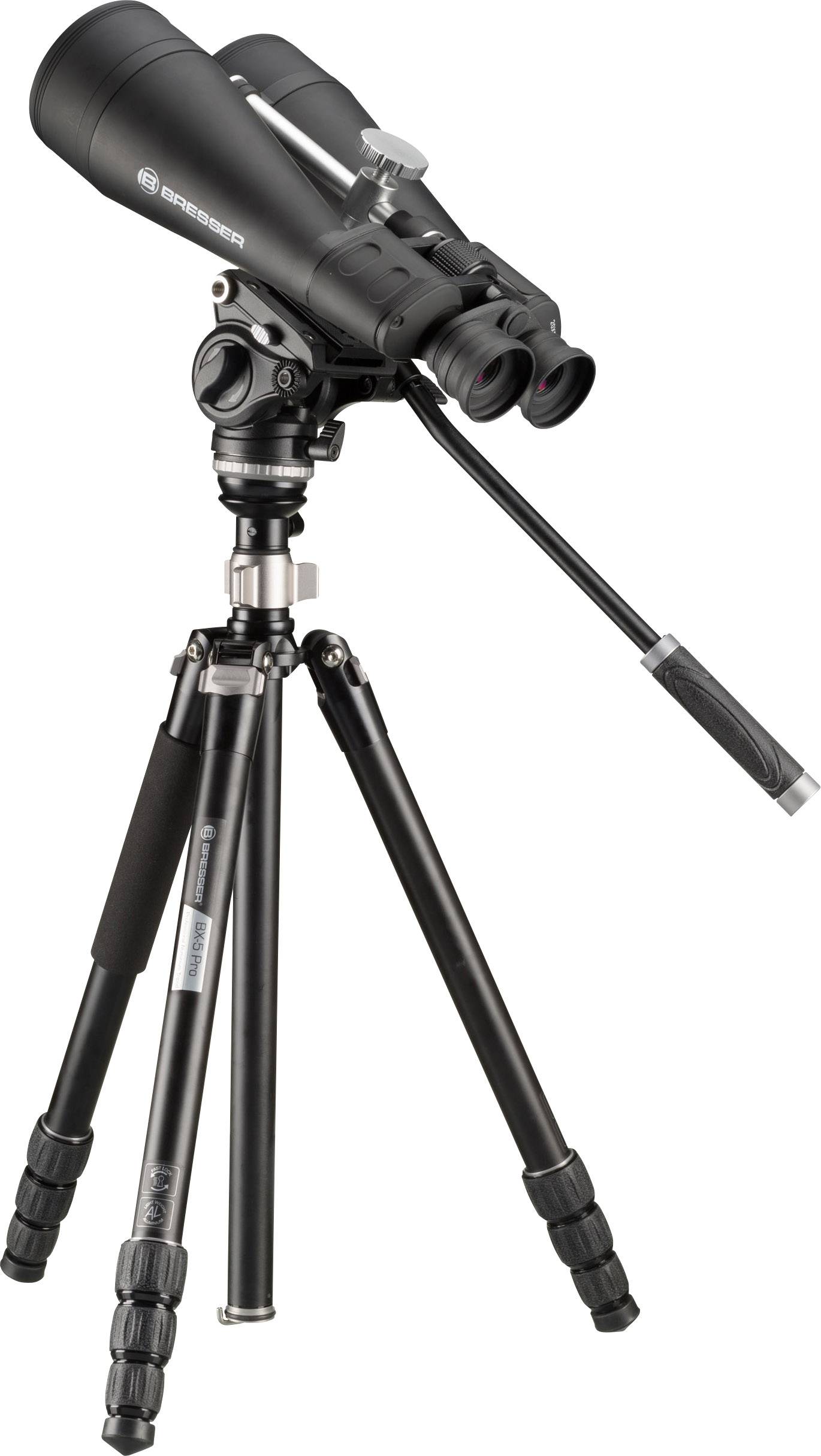 Ein schwarzes Fernglas auf einem stabilen Stativ, bereit zur Himmelsbeobachtung oder Naturbeobachtung in freier Natur.