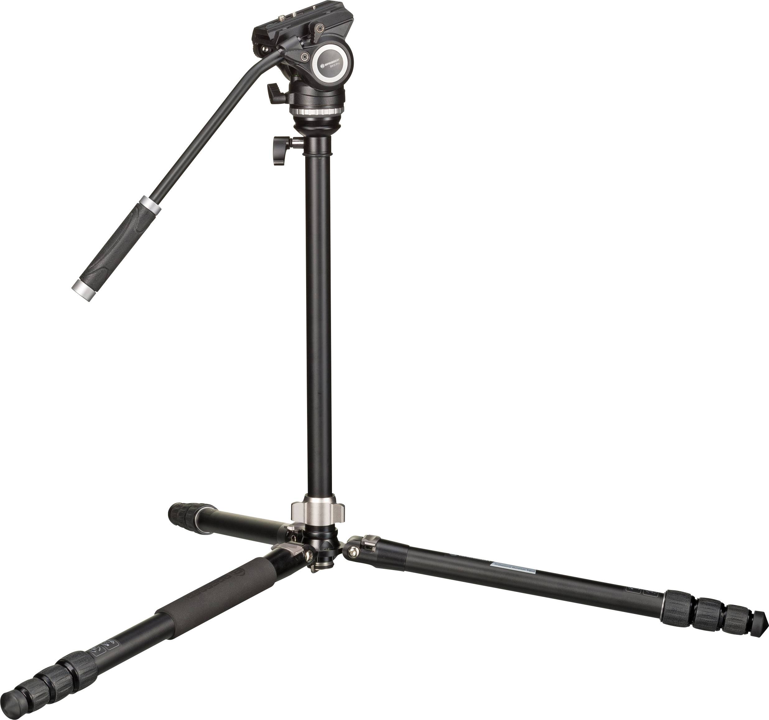 Ein dreibeiniges Kamerastativ mit einem schwenk- und neigbaren Kopf, ideal für stabile Aufnahmen; verstellbare Beinsegmente.