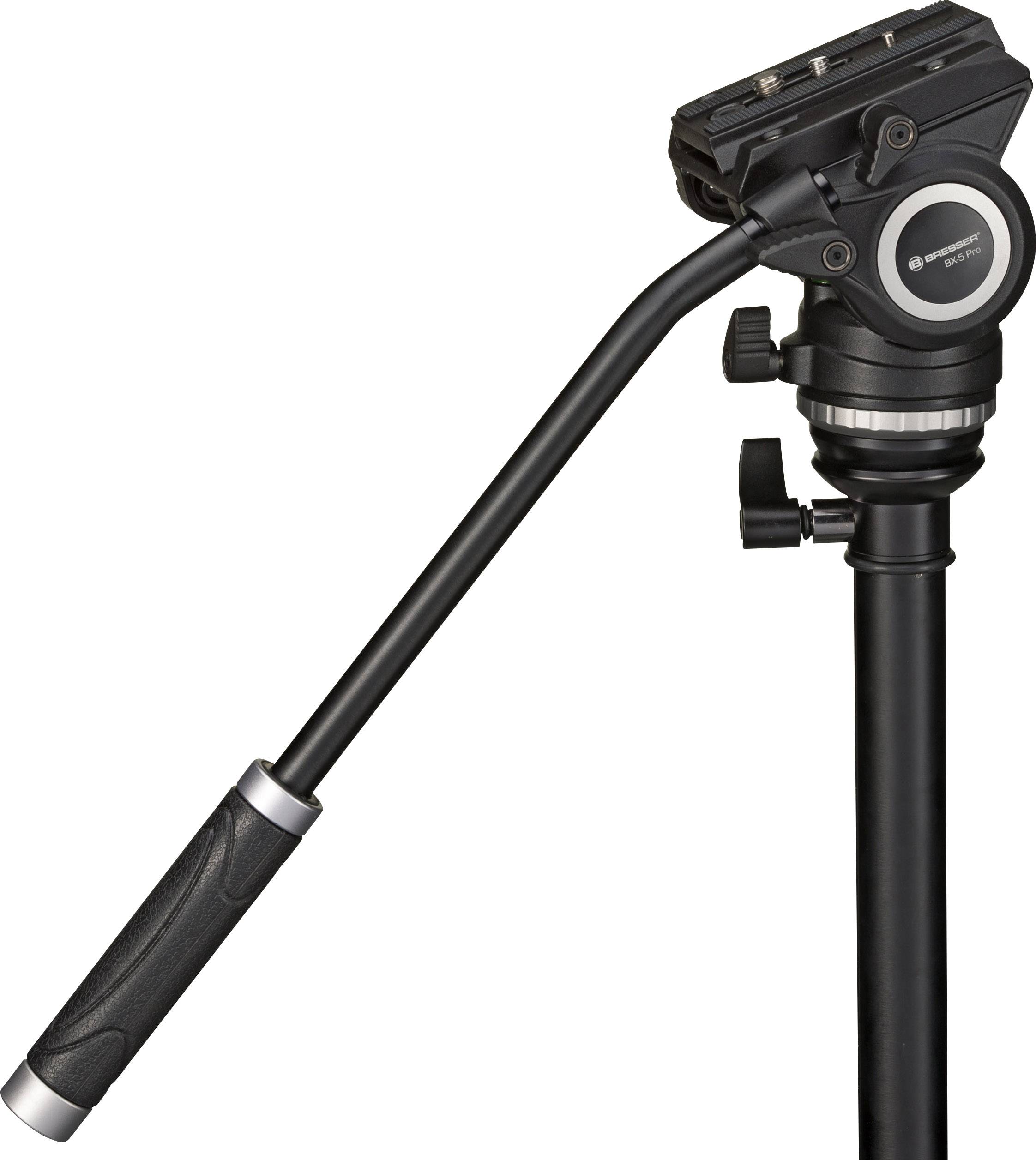 Ein schwarzes Stativ mit einem Schwenkgriff und verstellbaren Klemmelementen, geeignet für Videokameras und Fotografie.