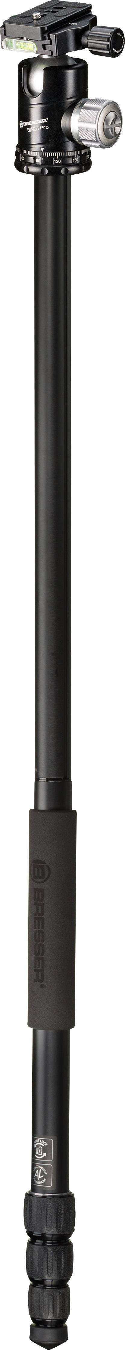 Ein schwarzes, teleskopierbares Einbeinstativ mit verstellbarem Kugelkopf und gepolstertem Griff, geeignet für Kameras und Fotoaufnahmen.