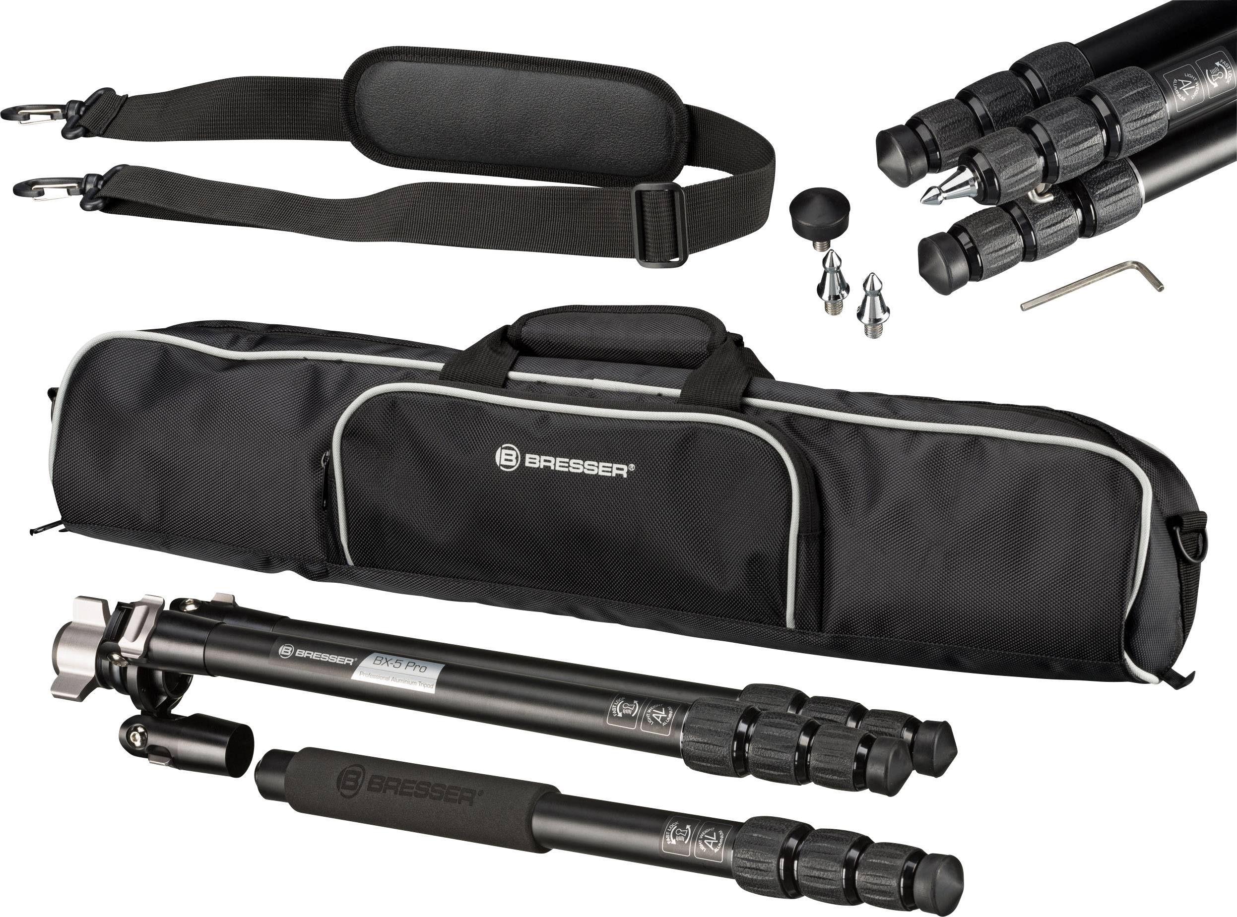 Ein schwarzes Bresser-Stativ-Set mit Tragetasche, austauschbaren Füßen, Werkzeug, schwenkbarem Kopf und verstellbarer Schultergurt.