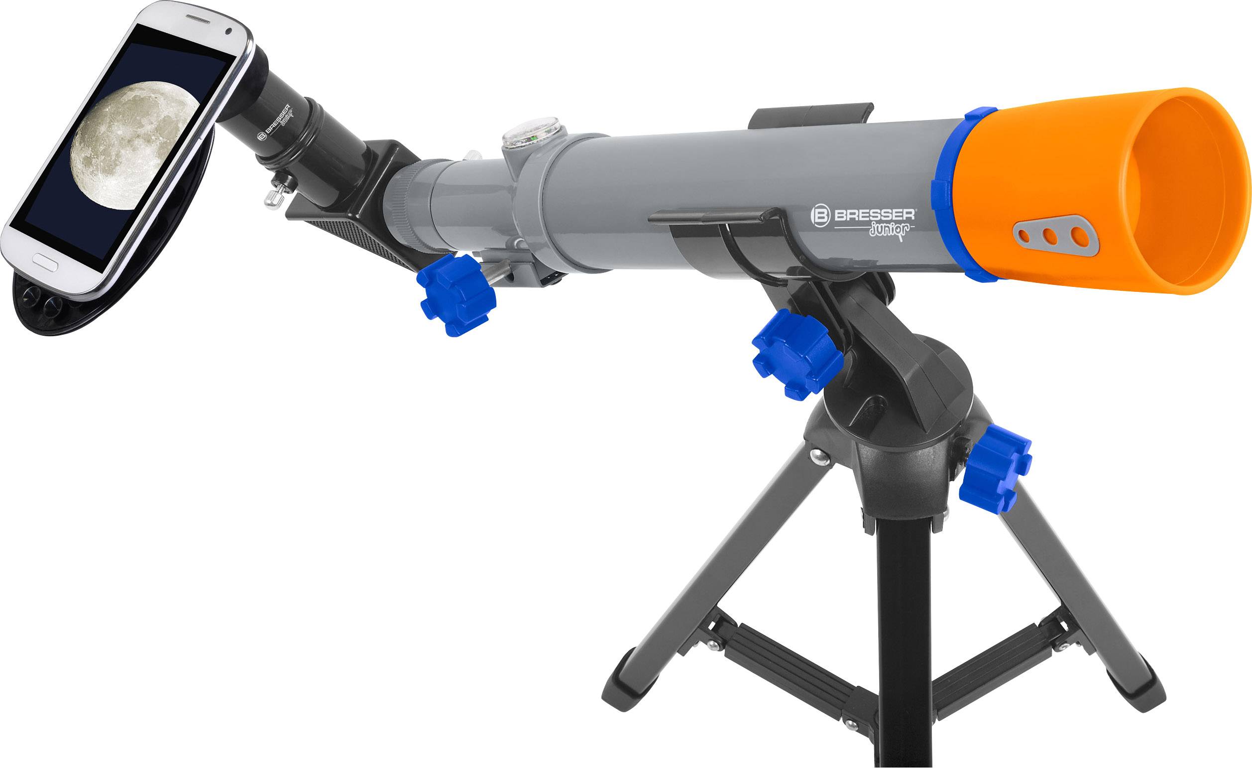 Fernrohr auf Stativ mit Smartphone-Halterung, zeigt ein Bild des Mondes auf dem Smartphone. Ideal zum Beobachten des Nachthimmels.