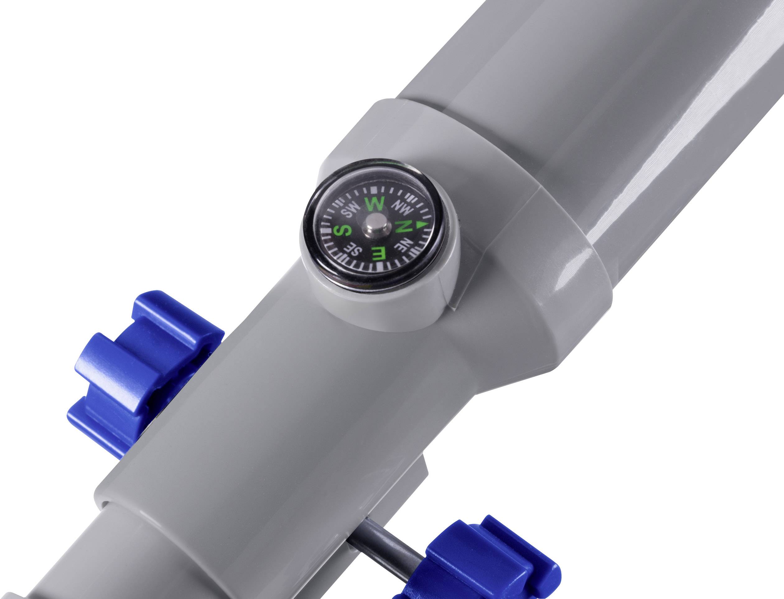 Ein graues Rohr mit einer eingebauten Kompassanzeige oben, befestigt mit blauen Halterungen.