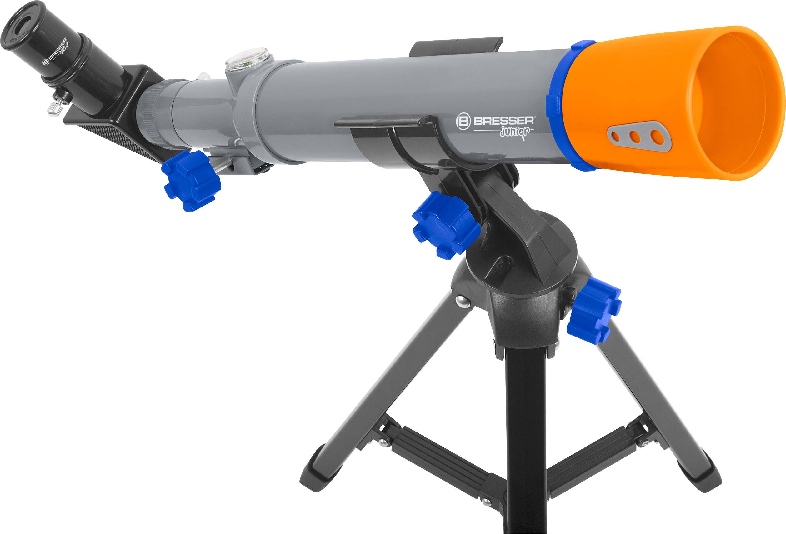 Ein graues Teleskop mit Stativ und leuchtend orangefarbenem Okular. Ideal für Sternenbeobachtungen.
