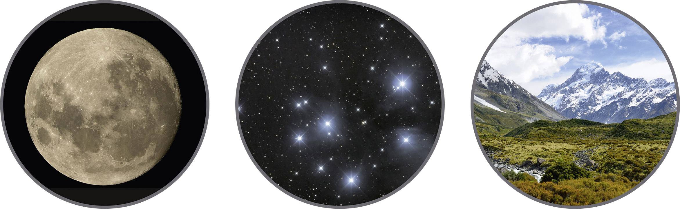 Vollmond am Himmel; Sternenbild mit funkelnden Sternen; Landschaft mit Bergen, grünem Tal und blauem Himmel.