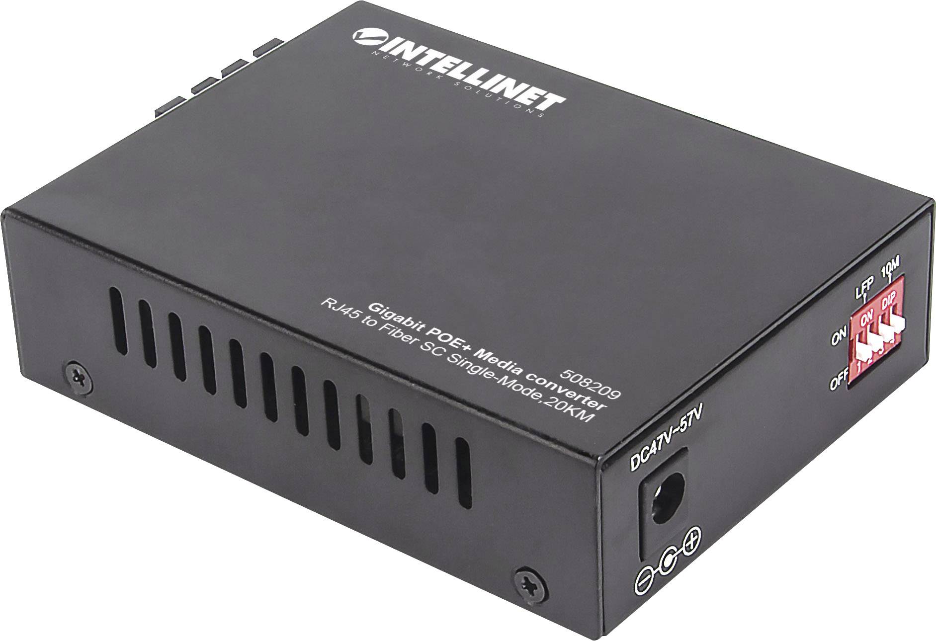 Schwarzer Intellinet Gigabit PoE+ Medienkonverter mit RJ45- und SC-Ports. Unterstützt Single Mode-Signale bis 20 km.