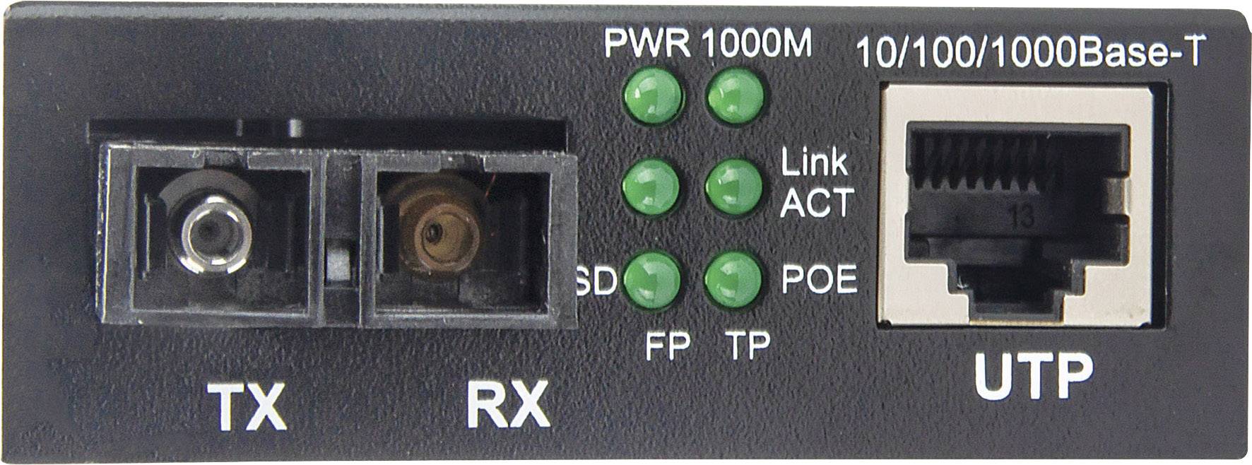 'Netzwerkschnittstelle mit Lichtern: PWR, Link, ACT, SD, FP, TP. Anschlüsse für RX/TX und UTP bei 10/100/1000Base-T.'