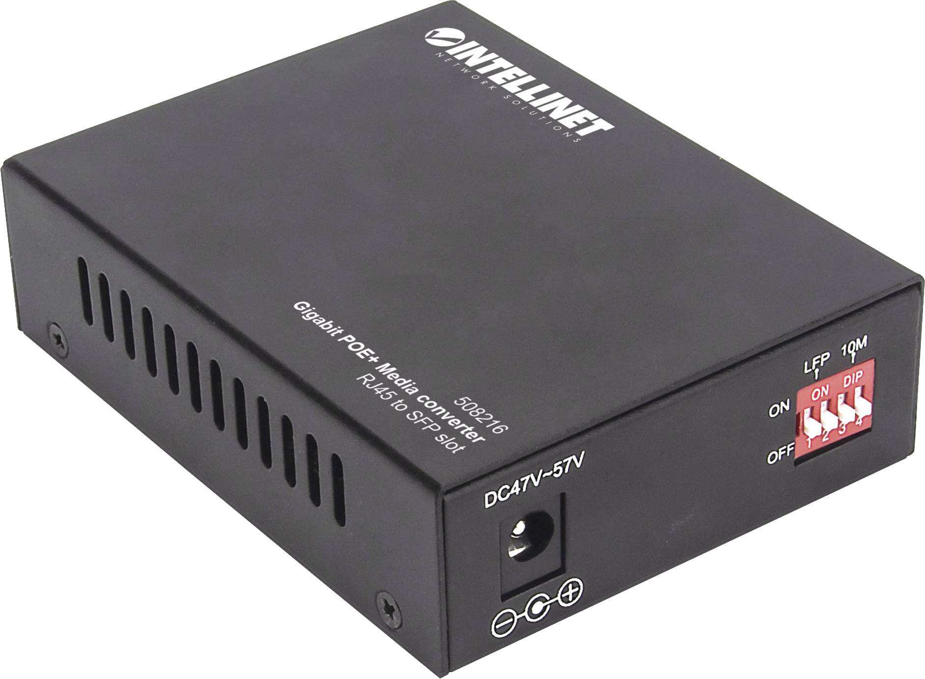 'INTELLINET-Konverter, Modell 523616. Gigabit PoE+ Media. Eingänge für DC 47V-57V und RJ45/SM SFP Port. Schalter an der Seite.'