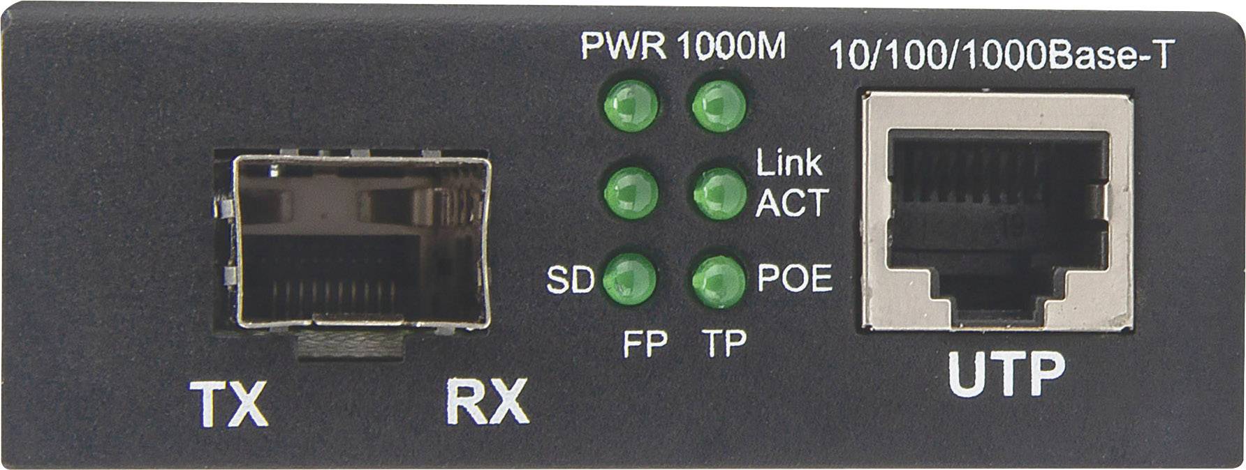 'Netzwerkkonverter mit zwei Anschlüssen: Links SFP (TX, RX), rechts UTP (10/100/1000Base-T). LEDs zeigen PWR, Link, ACT, POE an.'