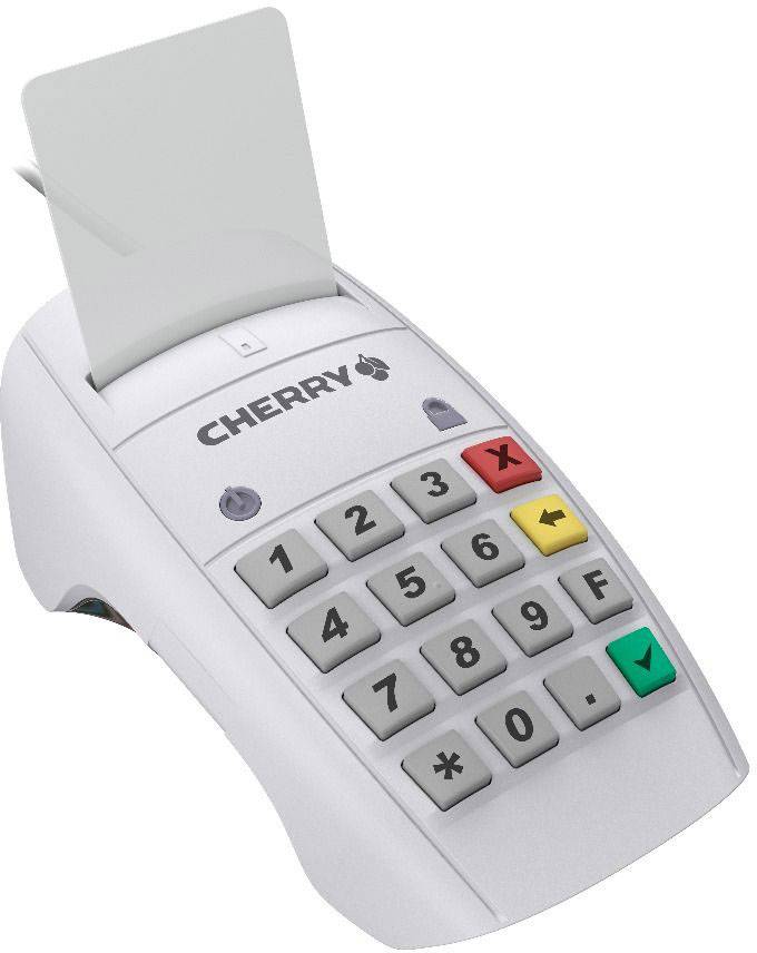 Ein weißes Kreditkartenterminal mit Tastatur zur Eingabe von PIN-Nummern. Oben ist ein Schlitz für Karten sichtbar.