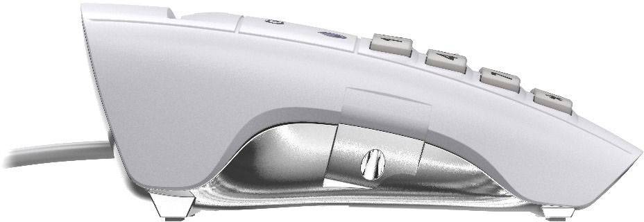 Weiße Computermaus von der Seite mit ergonomischem Design und fünf Tasten auf der Oberseite, Kabel am hinteren Ende.