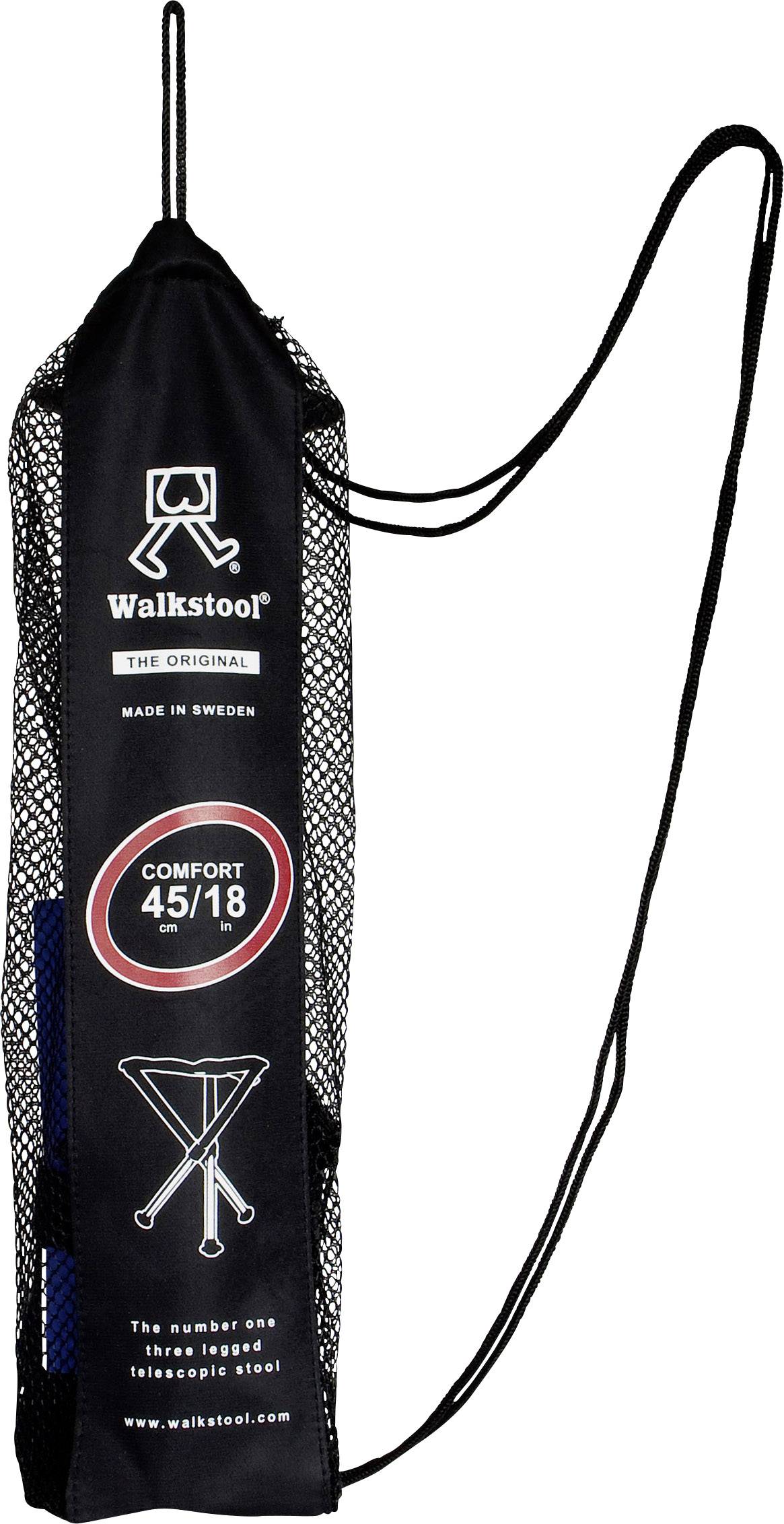 Schwarze Tragetasche mit Aufdruck für einen Walkstool, dreibeiniger Teleskophocker. Hergestellt in Schweden, Modell 'Comfort 45/18'.