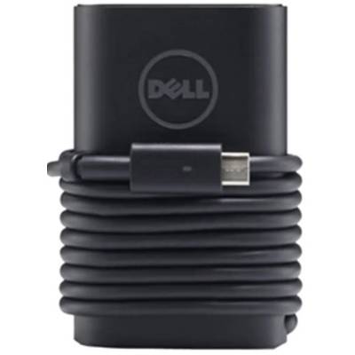 Ein schwarzes Dell-Ladegerät mit aufgerolltem Kabel und USB-C-Stecker, ideal für Laptops.