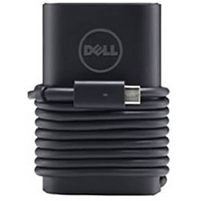 Ein schwarzes Dell-Laptop-Ladegerät mit einem aufgewickelten Kabel und dem Dell-Logo auf der Oberseite.