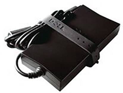 Ein schwarzes Laptop-Ladegerät mit aufgewickeltem Kabel, gesichert durch einen Gurt.