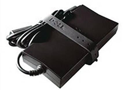 Ein schwarzes Laptop-Ladegerät mit Kabeln, kompakt zusammengehalten durch ein Band.