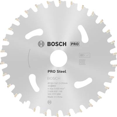 Eine silberne Bosch PRO Steel Kreissägeblatt mit 30 Zähnen, geeignet für Metallschnitte, Durchmesser 215 mm, Bohrung 20 mm.